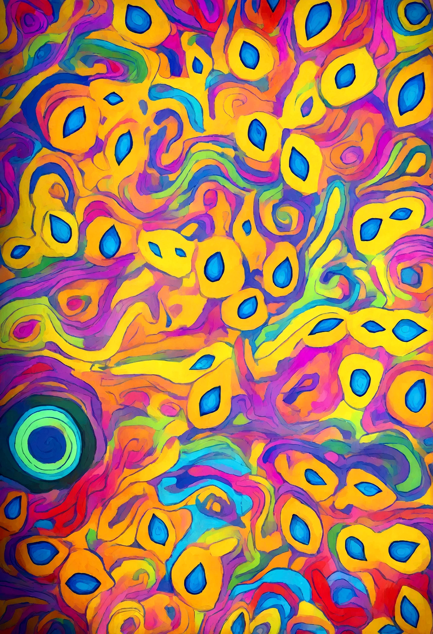 cartoon; strawberry with yellow big long eyes, no mouth, background trippy in nature
