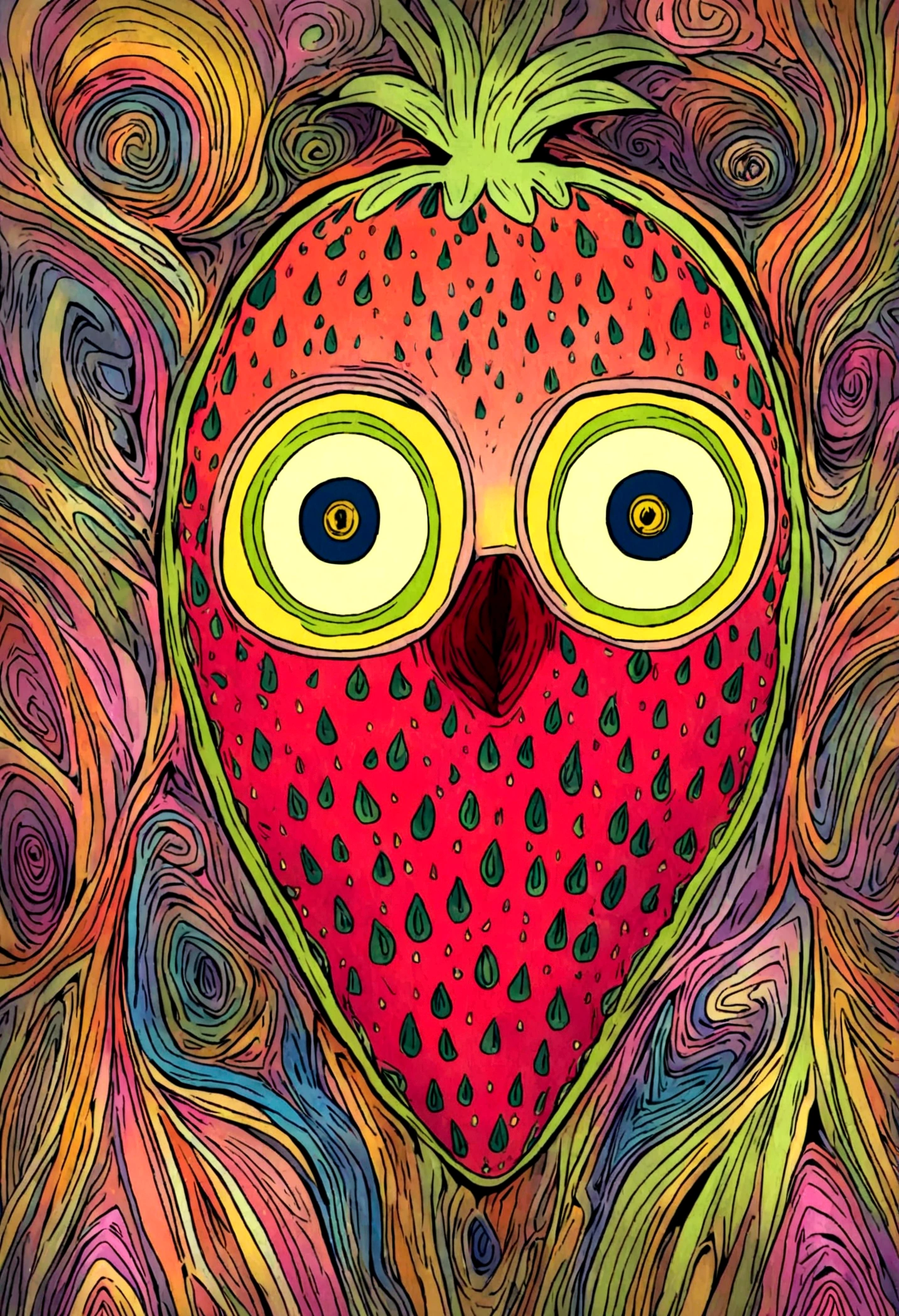 cartoon; strawberry with yellow big long eyes, no mouth, background trippy in nature