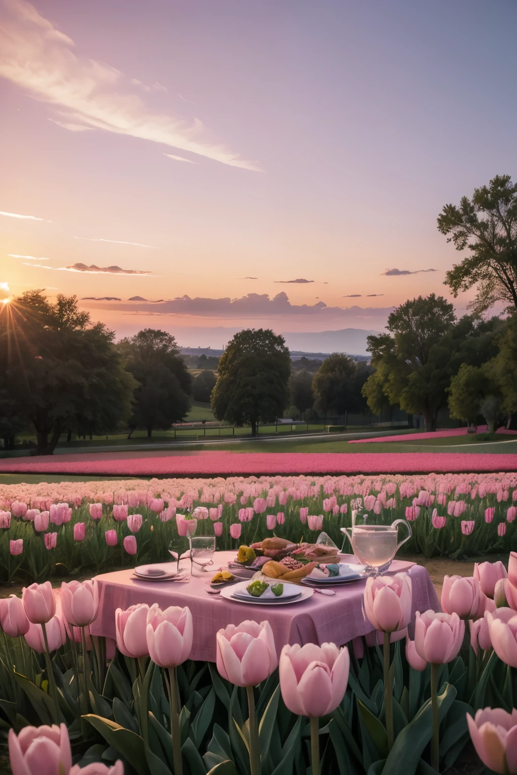 romantic setting, picnic in a landscape of pink tulips at sunset. Sin personas. 