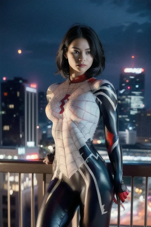 (Extreme Detail CG Unity 8K wallpaper, masterpiece, highest quality), (Exquisite lighting and shadow, highly dramatic graphics, Cinematic lens effect), (A girl in a white Spider-Man costume, from a parallel universe, city skyline in the background, dynamic pose), (excellent detail, outstanding lighting, wide angle), (excellent rendering, enough to stand out in its class)