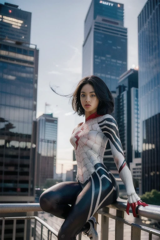 (Extreme Detail CG Unity 8K wallpaper, masterpiece, highest quality), (Exquisite lighting and shadow, highly dramatic graphics, Cinematic lens effect), (A girl in a white Spider-Man costume, from a parallel universe, city skyline in the background, dynamic pose), (excellent detail, outstanding lighting, wide angle), (excellent rendering, enough to stand out in its class)