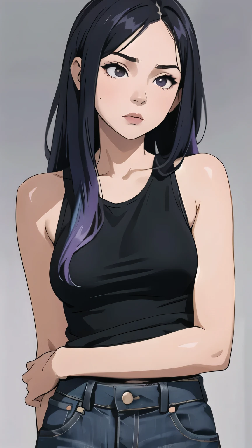 (masterpiece:1.2)
-lucy from moemate, 1girl, 1 girl
-A woman with dark purple ombre hair and black eyes, dressed in a black tank top and jeans. Black tank top, black colored tank top. A gothic-looking female character with black eyes, black eyes.
-boredom expression, indifference, Bored looking, bored expression, bored face, blank expression, double eyelid, half closed eyes, relaxed, relaxed expression, tired expression.
-showing forehead, forhead, slightly large breasts, C-Cup, , average build
-in her 30s, mature female, adult woman, sexy, seductive
-simple background, solid background, grey background, solid grey background
- purple hair, purple ombre hair, long layered haircut, long layered hairstyle, slightly messy hair, messy hair, long haircut, purple ombre hair
- hand-to-hair pose, hand-to-hair, runs her hand through her hair, one hand in hair