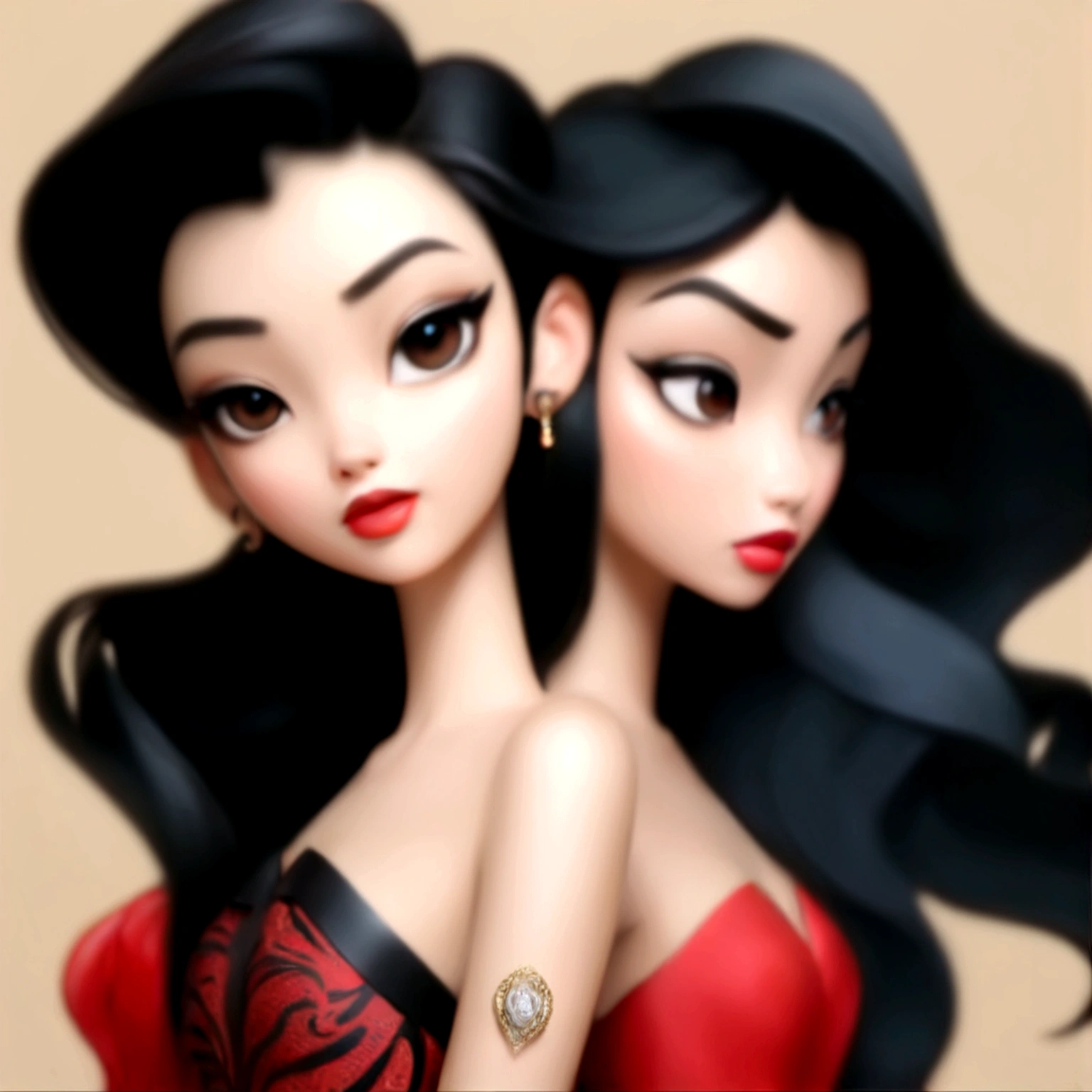 3 girls,tight Dresses,Blue belt around waist,Red lips,Black Hair,breast,clavicle,Akimbo,Long hair,solo,Wavy hair,