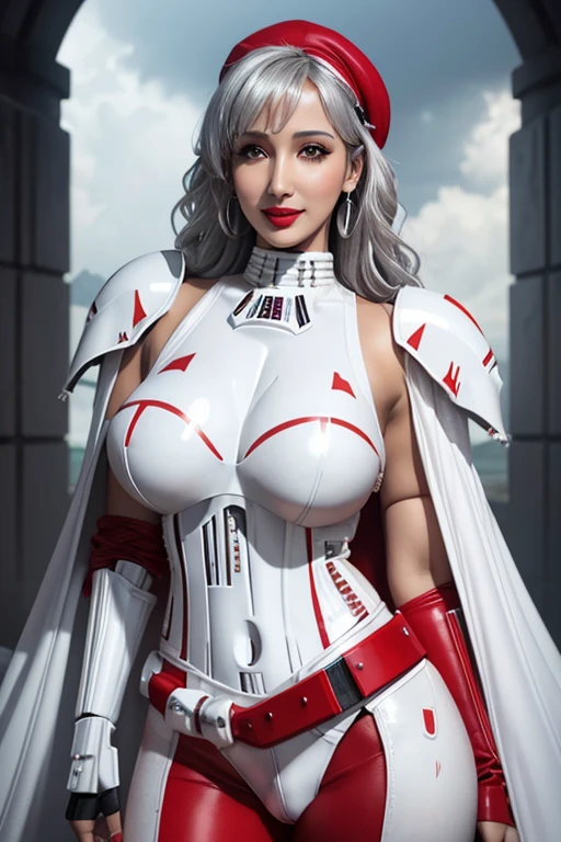 ((Nora Fatehi)), smiling, voluptuous, posing, bedazzled belly button piercing, ((silver nipple rings)), ((white and red storm trooper armor)), very intense makeup, bright red lipstick, red shoulder pauldrons, crimson corset, white leather tights, white sleeves, red beret, red cape