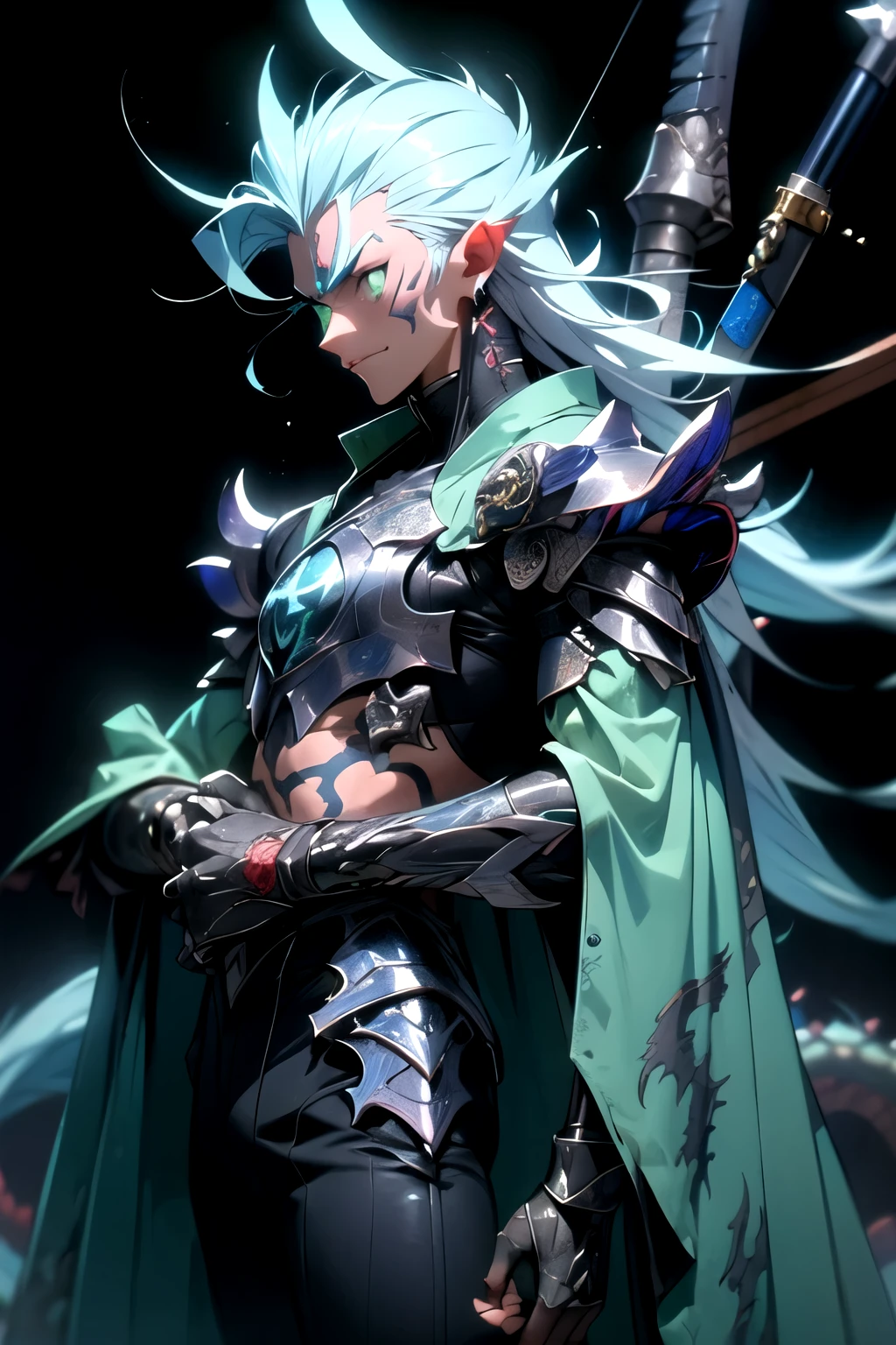 an anime man 1.80 tall (long silver hair) with (green eyes) with (a scar on his forehead in x) and (body tattoo with a blue color but the most striking is one that resembles a dragon on his back) 

clothes (he wears a torn cloak and a jointed chest and shoulder pads made of old plates with a symbol of two dragons)

his weapon (it is a bow made of black steel with blue runes that attach to a blue stone in the middle of the bow)