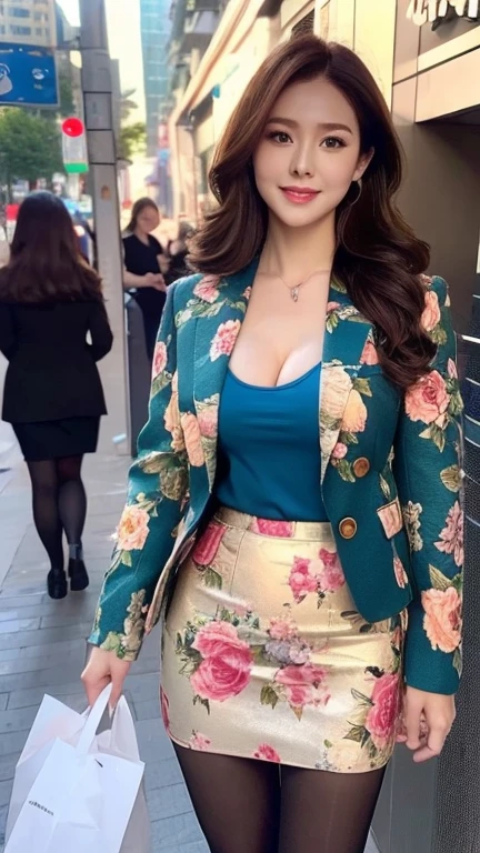 (Beautiful woman wearing a random color blazer and a random color floral skirt)、1 girl、Delicate face、Detailed eyes and face、double eyelid、Glossy lips、random hair style 、(silk pantyhose、Random color boots)、Highly detailed costume、Mature sexy adult woman、very beautiful、A beautiful woman、Cleavage、8K,highest quality, masterpiece、Ultra-high resolution、Full body portrait, Realistic、High-definition skin texture、Sharp long legs、smile、Cityscape, She is on a street lined with tall buildings、Dramatic lighting、Realisticな、Realistic、Real photo、Ultra-realistic