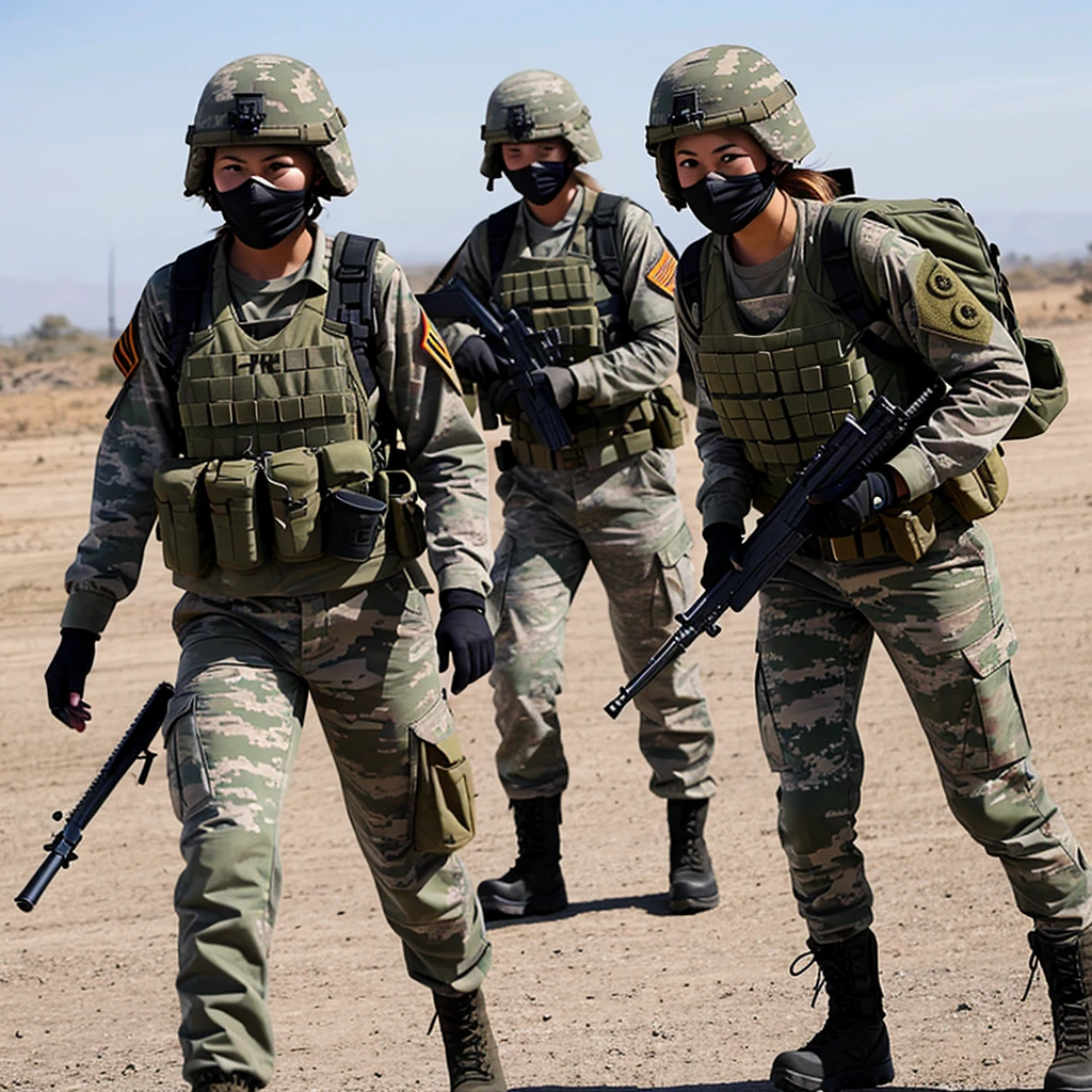 a female soldier with a well-trained body wearing a skull mask behind them a battlefield.