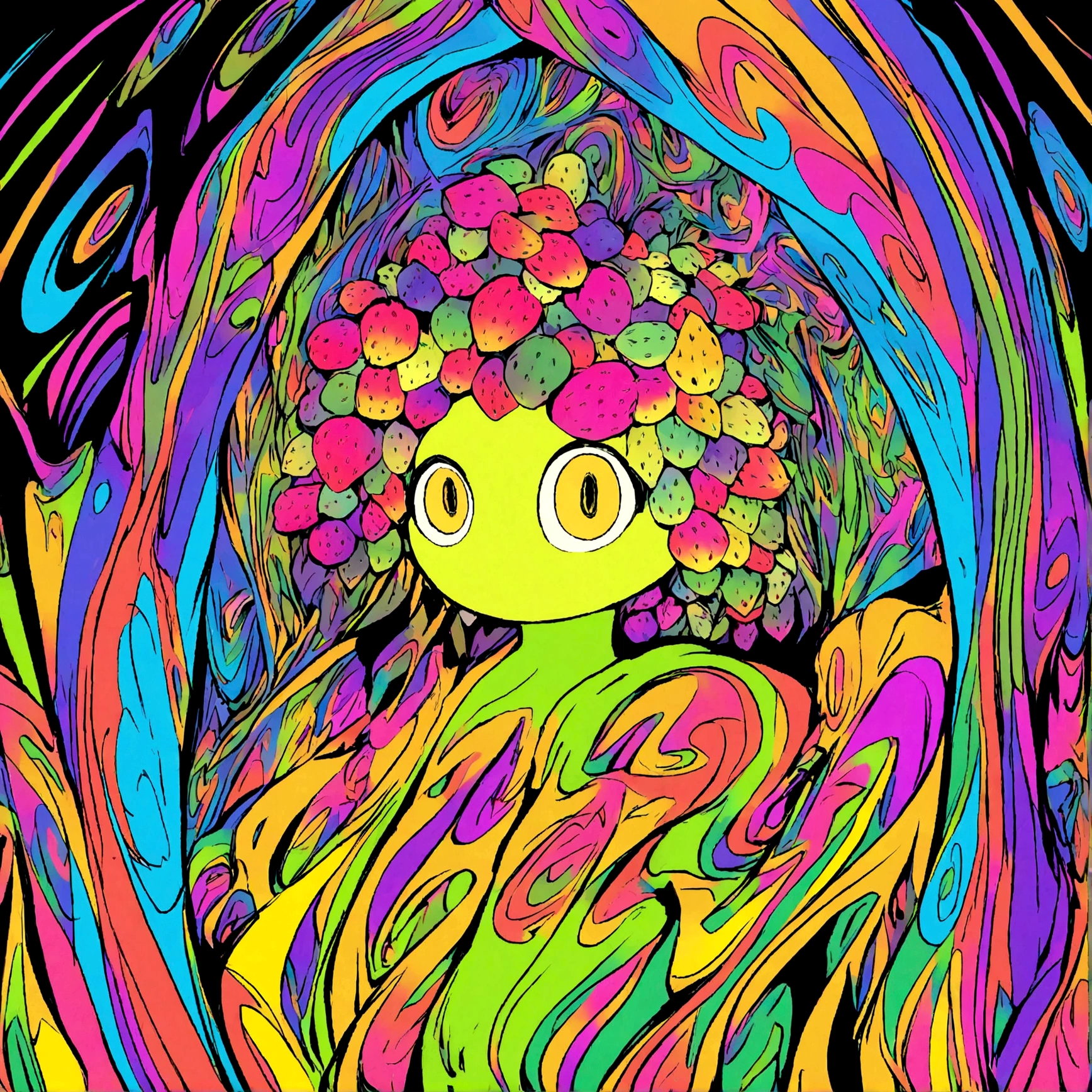 cartoon sketch; strawberry with yellow big long eyes, no mouth, background trippy in nature