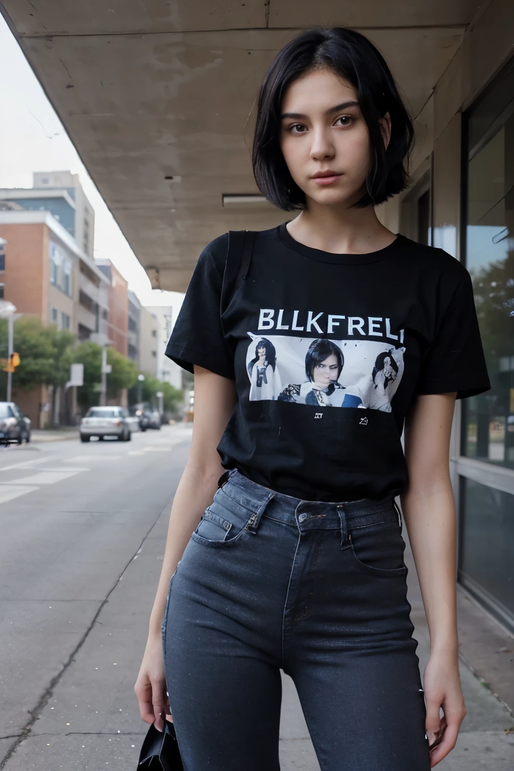 (20 year old girl) (slender body), ((black hair)) (short hair) (black eyes) (white skin). beautiful face, perfect and delicate face. expression of boredom. full body, western face (tall girl) standing, day. thin legs, thin arms, big chest, front view (location: school)((casual clothes, black pants, jeans, rock band t-shirt)).