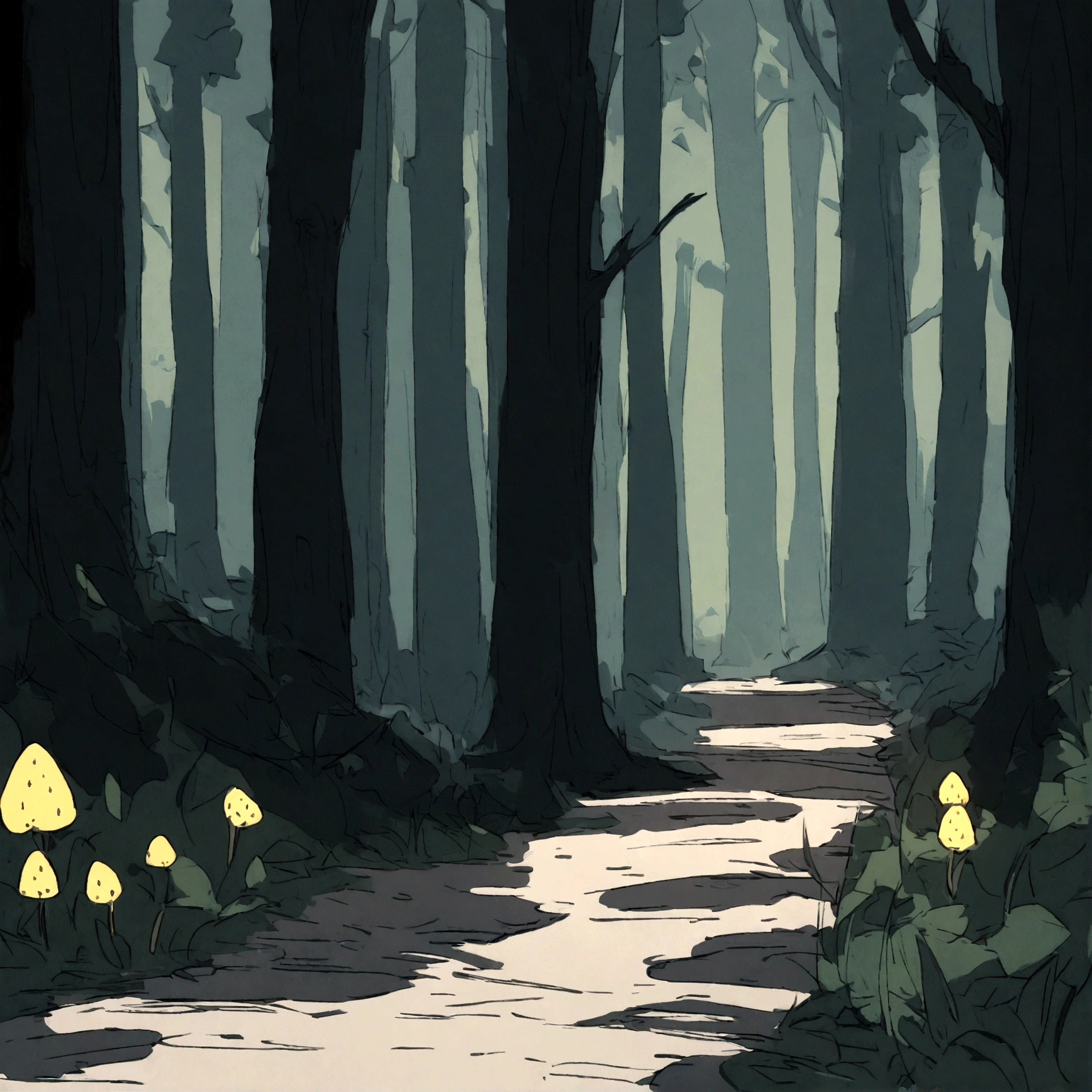 cartoon sketch; strawberry with yellow big long eyes, no mouth, in woods dark