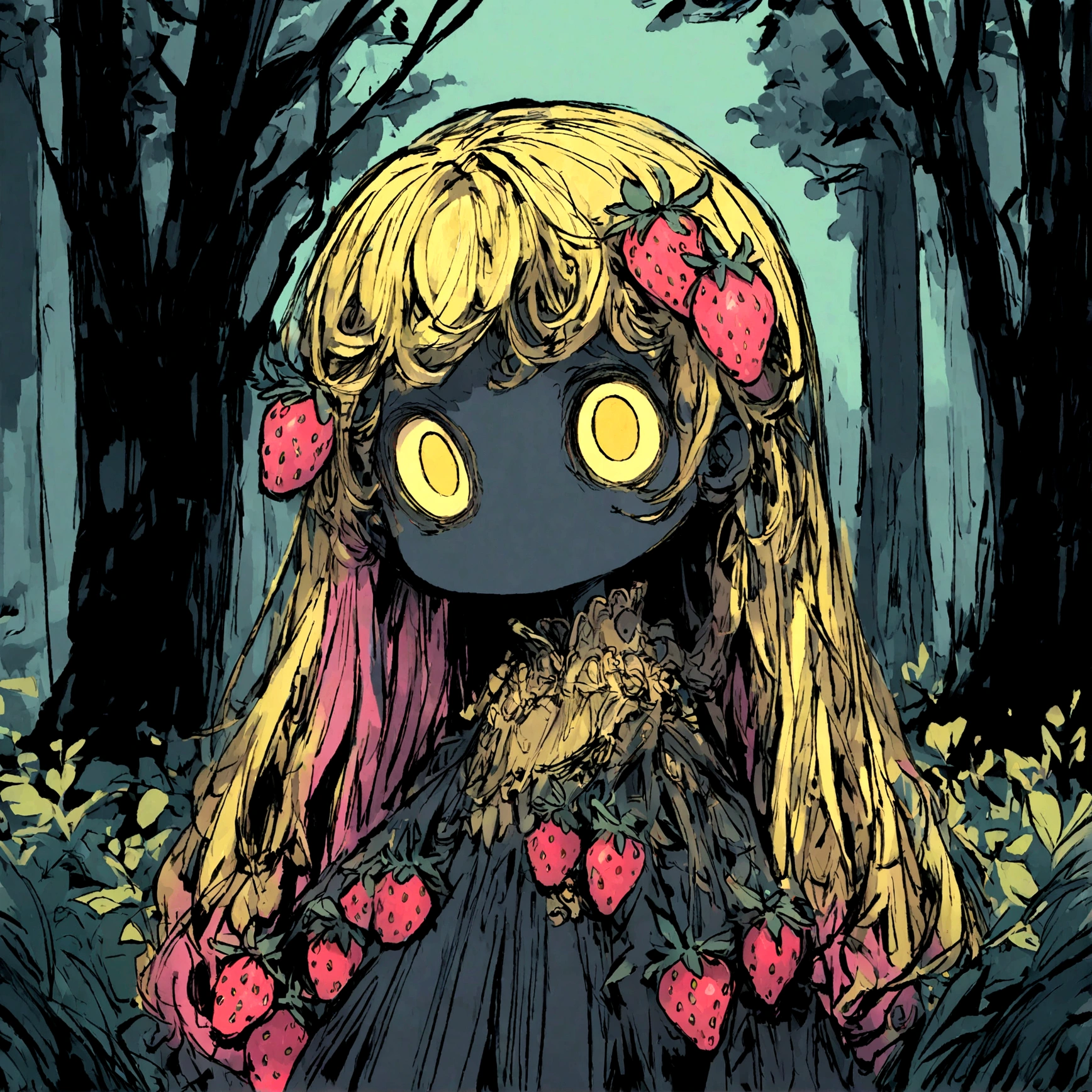 cartoon sketch; strawberry with yellow big long eyes, no mouth, in woods dark