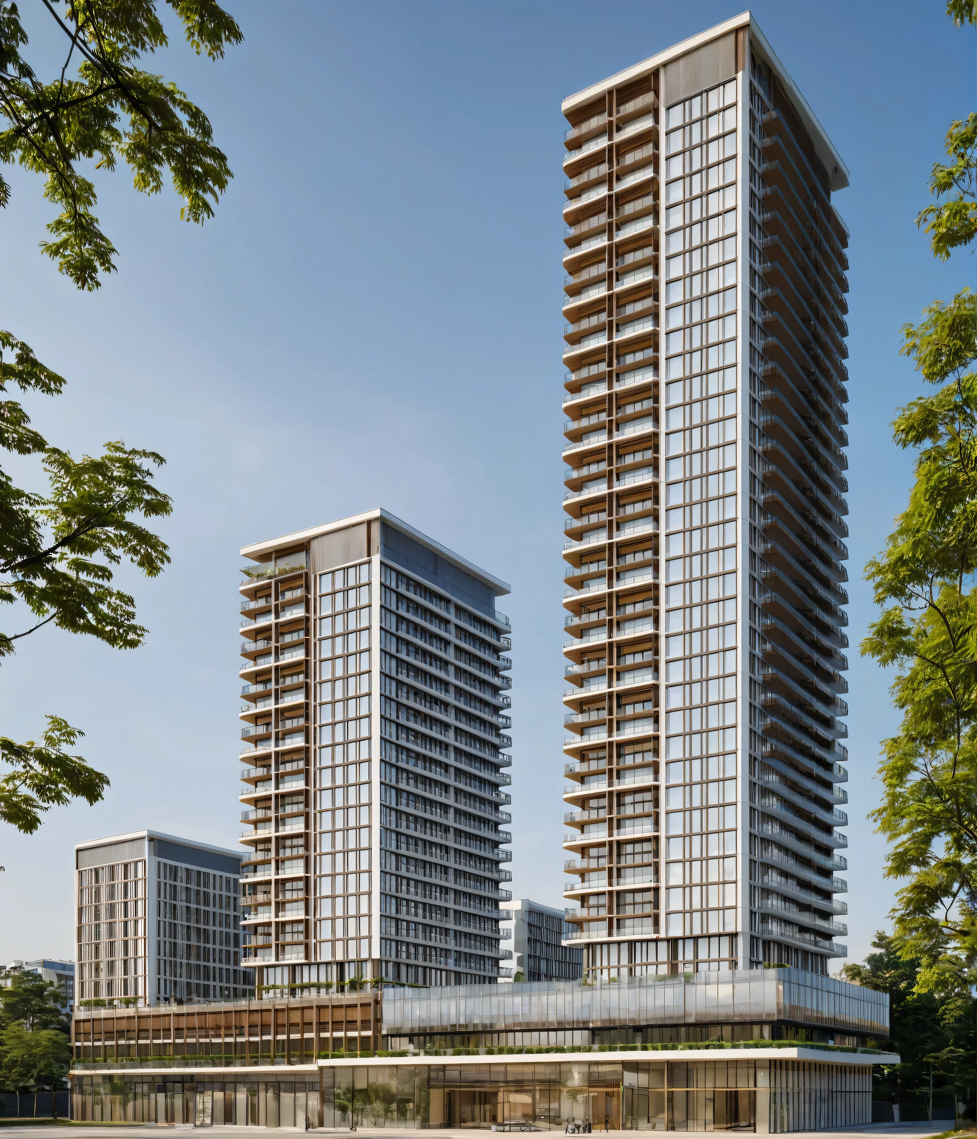Raw photo,Masterpiece, high quality, best quality, authentic, super detail, modern style, aiaigroup, apartment building, outdoors,building, scenery, city, road, window , minimalist line, ,located in the city center, daylight, realistic, tree,, real world location, street