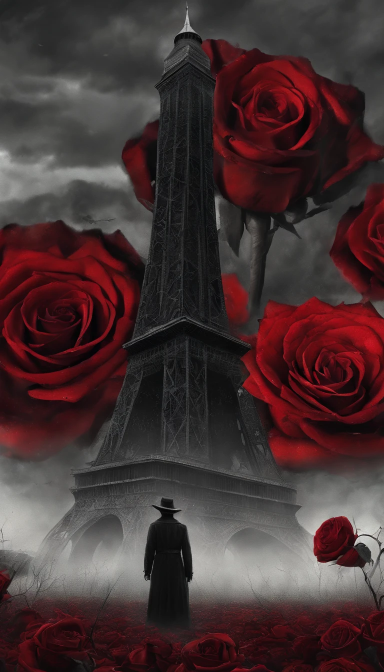 A lonely dark tower stands among a field of roses, A road paved with stones cracked by time leads to it, along which a wanderer wrapped in a tattered cloak in a cowboy hat slowly walks towards the Tower...，Cold and creepy atmosphere，large depth of field，In the background is bokeh，tall dark tower。Screen close-up 1/Close up of blood red roses，Numerous and dense roses throughout the field around the Tower..，The petals have a characteristic texture..。The screen is predominantly black and red..，Black and gray are the main colors..，repression，Low brightness，Low Saturation，inspired by Robert Browning&#39;s poem "Child Roland came to the Dark Tower", Get inspired by the artistic styles of Wayne Barlow and Zdzislaw Beksiński... Submit this image in film format., Show the dark beauty of this decaying world...