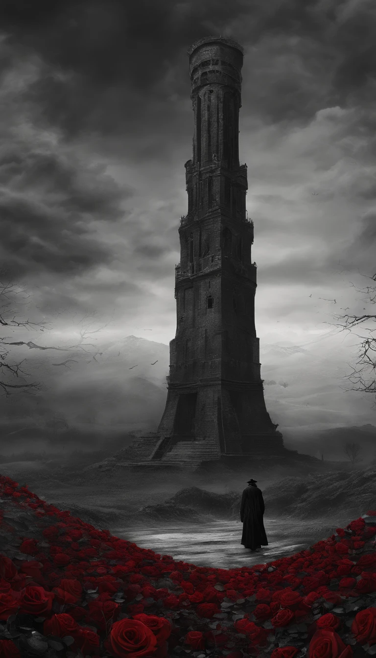 A lonely dark tower stands among a field of roses, A road paved with stones cracked by time leads to it, along which a wanderer wrapped in a tattered cloak in a cowboy hat slowly walks towards the Tower...,Cold and creepy atmosphere,large depth of field,In the background is bokeh,tall dark tower。Screen close-up 1/Close up of blood red roses,Numerous and dense roses throughout the field around the Tower..,The petals have a characteristic texture..。The screen is predominantly black and red..,Black and gray are the main colors..,repression,Low brightness,Low Saturation,inspired by Robert Browning's poem "Child Roland came to the Dark Tower", Get inspired by the artistic styles of Wayne Barlow and Zdzislaw Beksiński... Submit this image in film format., Show the dark beauty of this decaying world...