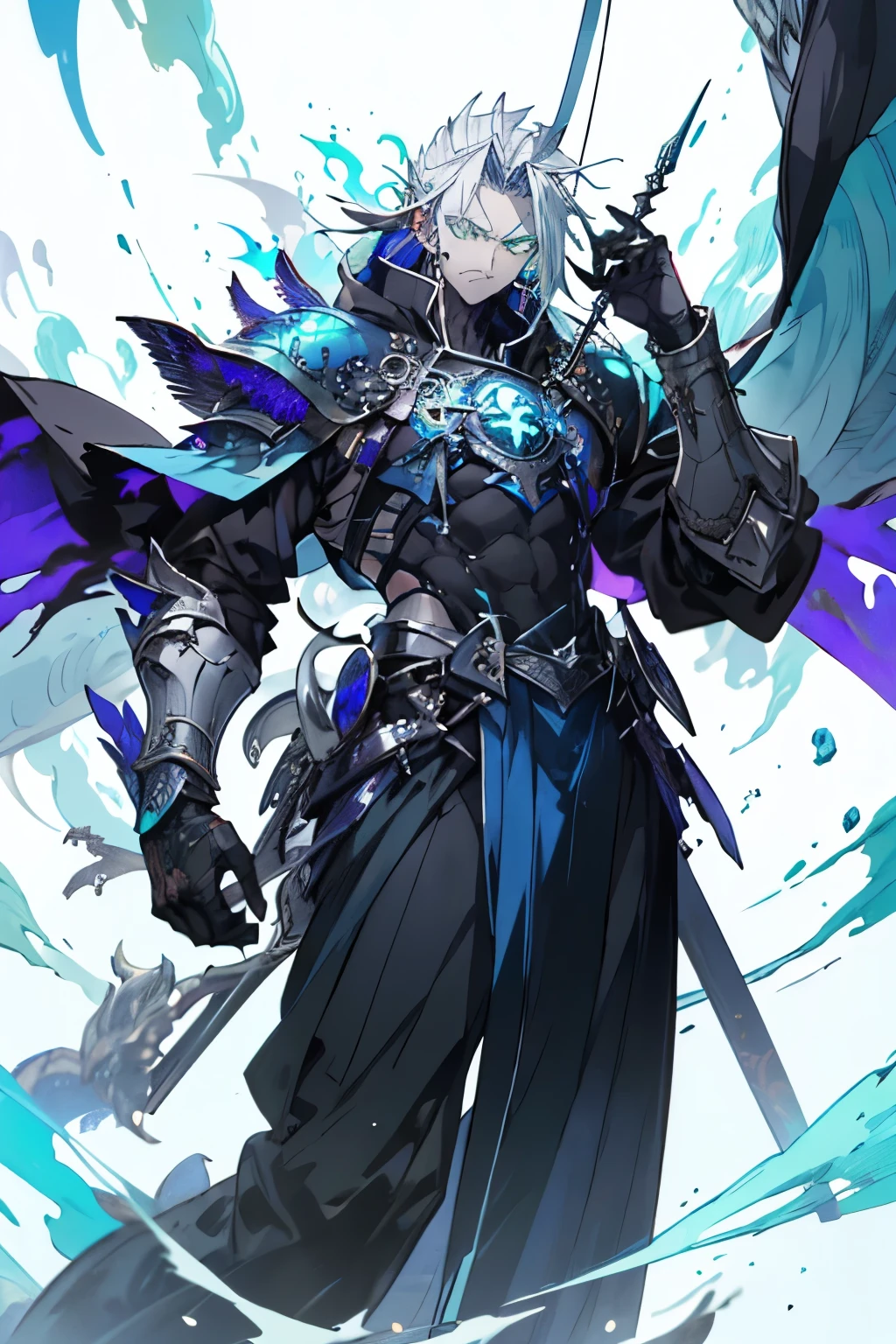 an anime man 1.80 tall (long silver hair) with (green eyes) with (a scar on his forehead in x) and (body tattoo with a blue color but the most striking is one that resembles a dragon on his back)
clothes (he wears a torn cloak and a jointed chest and shoulder pads made of old plates with a symbol of two dragons)
his weapon (it is a bow made of black steel with blue runes that attach to a blue stone in the middle of the bow)
