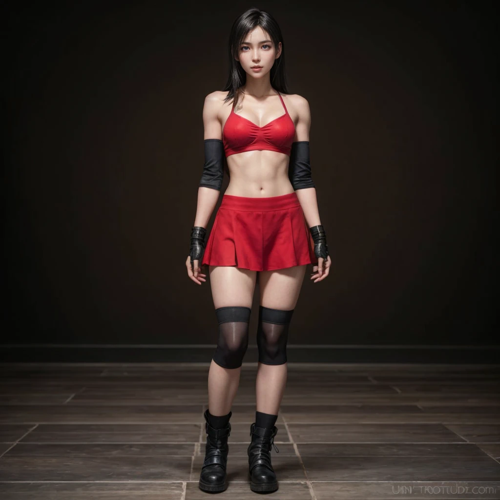 Tifa lockhart, (best quality,ultra-detailed,Realistic:1.37),beautiful detailed face,Perfect symmetry,perfectly shaped body,Perfect makeup,vivid colors,studio lighting