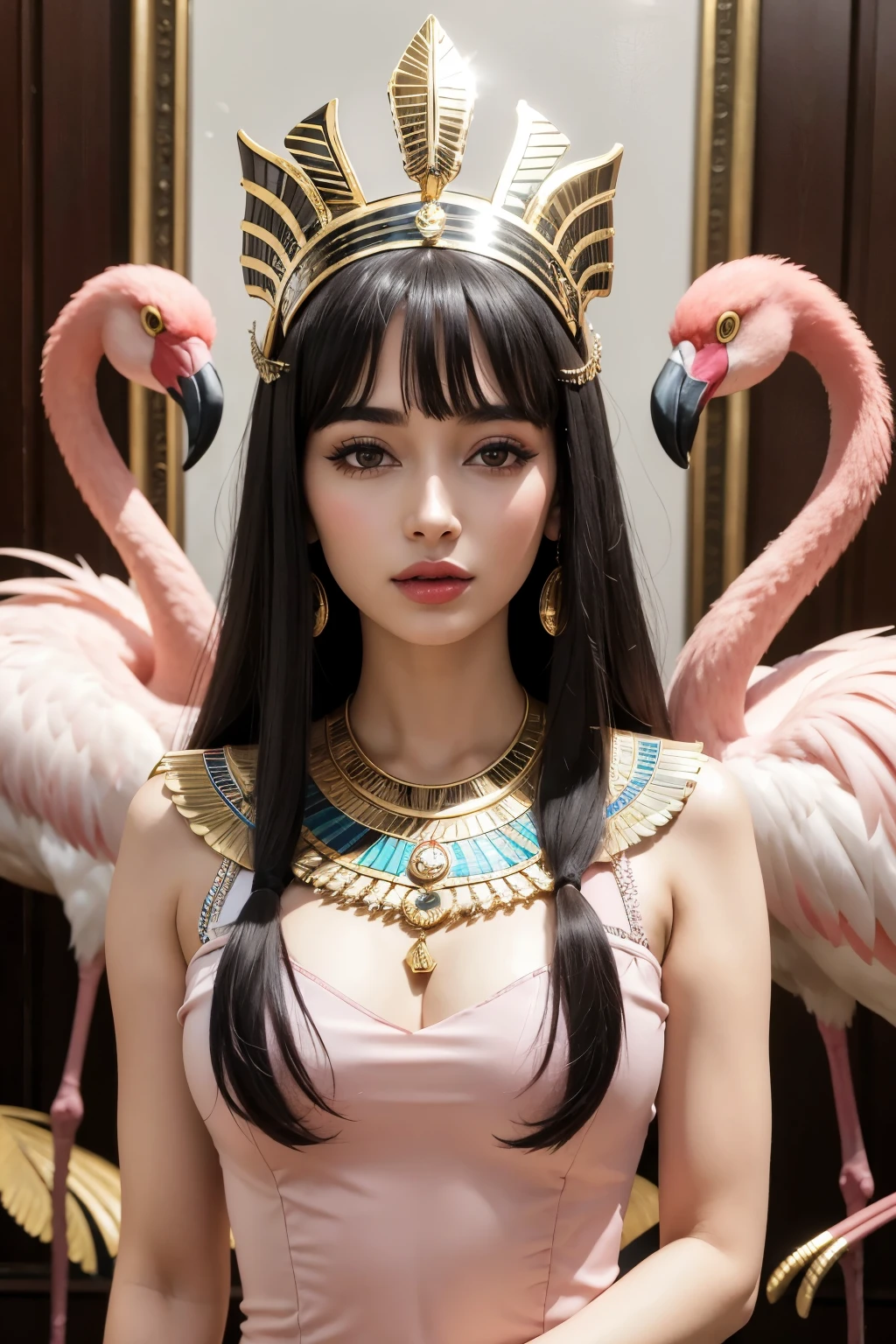 1 mulher, rosto, cor olho castanho claro, vestido de cleopatra, Pharaoh, flamingo, beija flor, sentada no trono, Egyptian headdress dourado, cor do cabelo castanho claro, vestido egipcio, embraced like a flamingo animal, ao lado, piramide no fundo, flamingos em volta, mulher seria, implacavel, guerreira, rosto brava, muitos acessorios egipcios, maquiagem egipcia, cat eyes, Egyptian headdress, vestido longo, vestido solto