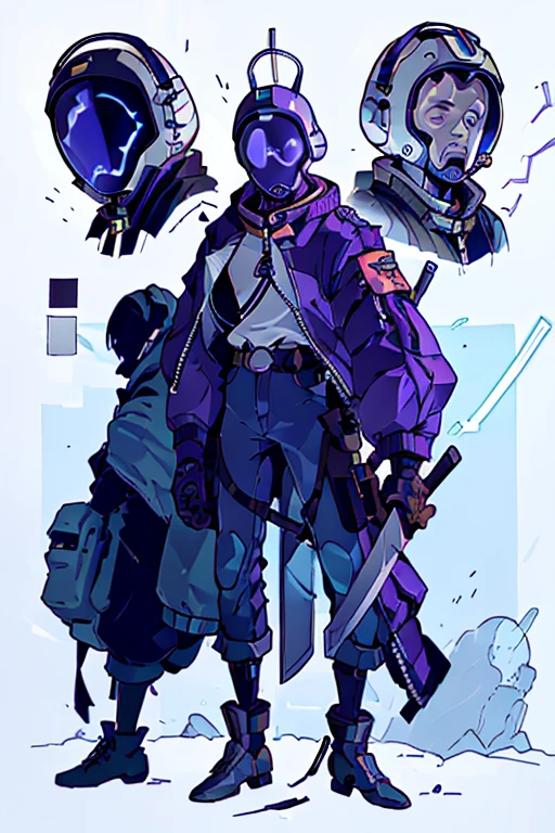A man with a futuristic helmet with silver details and based on an astronaut helmet. He has an awesome purple jacket and two futuristic machetes with blue electricity around them.