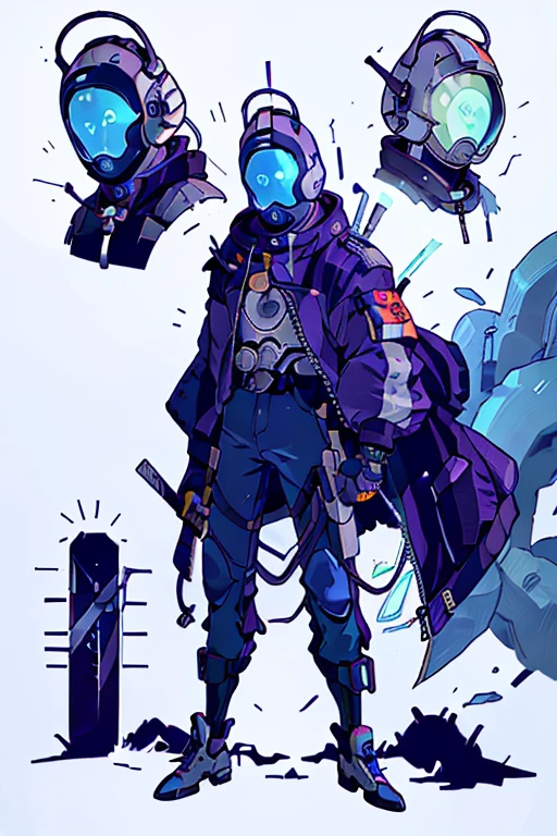 A man with a futuristic helmet with silver details and based on an astronaut helmet. He has an awesome purple jacket and two futuristic machetes with blue electricity around them.