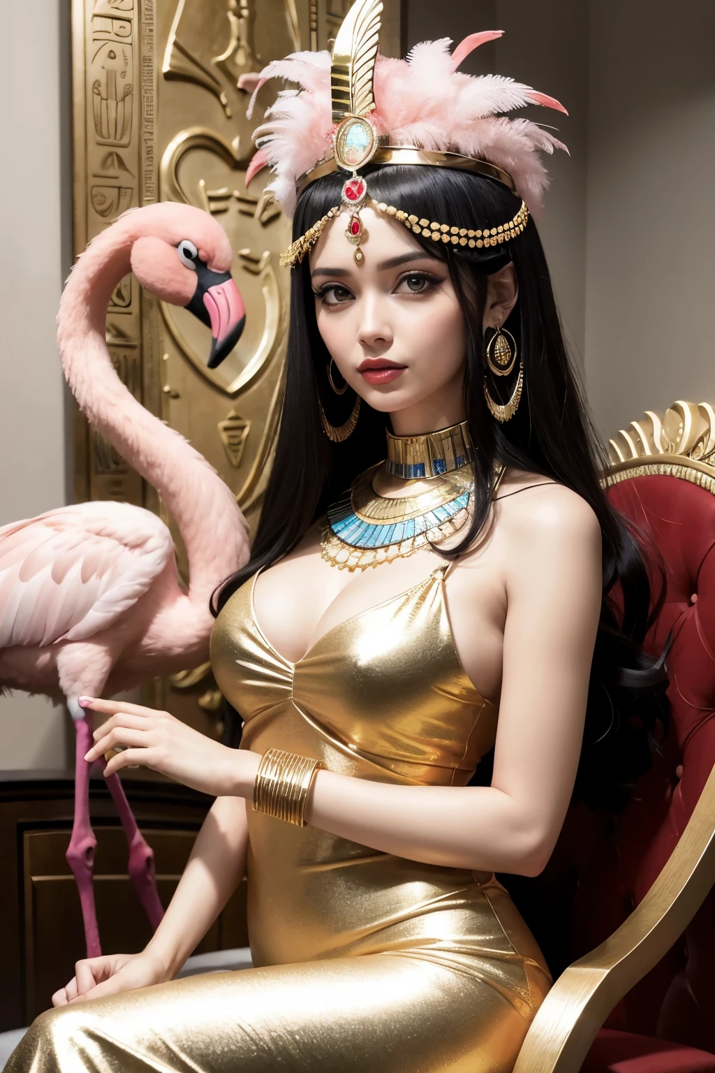 1 mulher, rosto, cor olho castanho claro, vestido de cleopatra, Pharaoh, flamingo, beija flor, sentada no trono, Egyptian headdress dourado, cor do cabelo castanho claro, vestido egipcio, embraced like a flamingo animal, ao lado, piramide no fundo, flamingos em volta, mulher seria, implacavel, guerreira, rosto brava, muitos acessorios egipcios, maquiagem egipcia, cat eyes, Egyptian headdress, vestido longo, vestido solto