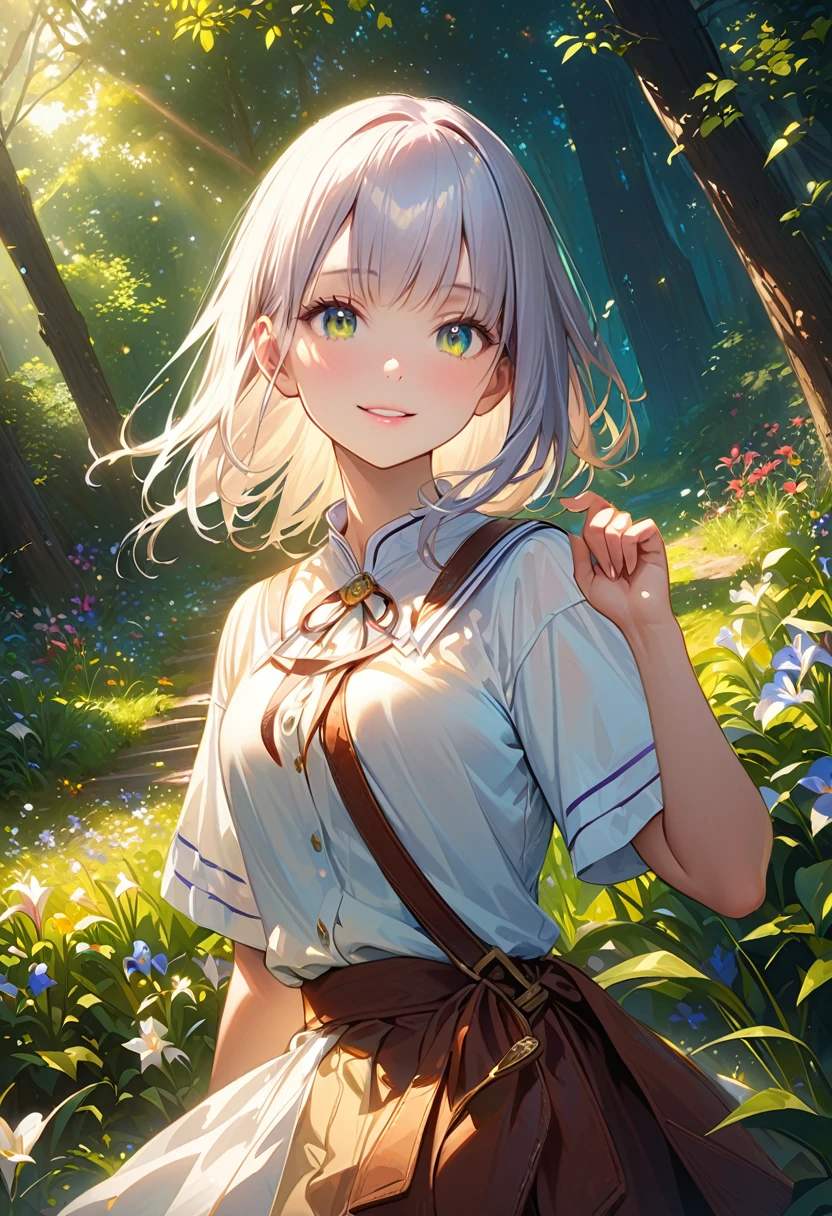 (Panorama, Center, Masterpiece, Highest Quality: 1.2), (8K, Raw Photos, Highest Quality), ((Masterpiece: 1.2)), Realistic, Ultra High Resolution, High Contrast, Photon Mapping, Vivid Colors, Composition seen from a distance, distant view, 26mm, Super Detailed, Raw Photos, Authentic, Official Art, RAW Photos, Professional Lighting, Lights, Vivid Atmosphere, finest illustration, best shadows),(An image with a composition with a large background and a small person), A smiling girl (Emilia princess from Re:Zero, elegant silver-haired girl with delicate features, beautiful detailed eyes, long eyelashes, full lips, colorful makeup, slim waist, wearing a academy uniform, short sleeve top, photorealistic, (best quality,4k,8k,highres,masterpiece:1.2),ultra-detailed,(realistic,photorealistic,photo-realistic:1.37), extremely detailed face and eyes, highly detailed iris, (cute)), A smiling girl and a black kitten are watching over the sprouts in the park, The park is bathed in soft morning light, and the trees and flowers are beautiful, giving a sense of the power of life, green and gold and silver gradients, the atmosphere where you can feel the excitement of adventure, an atmosphere of happiness and joy, a world view of high fantasy, a magnificent composition, beautifully depicted with the golden rule, Guardian nebulae of iridescent lights and silvery vapors, colors of corrosive siege rays, slimy air,