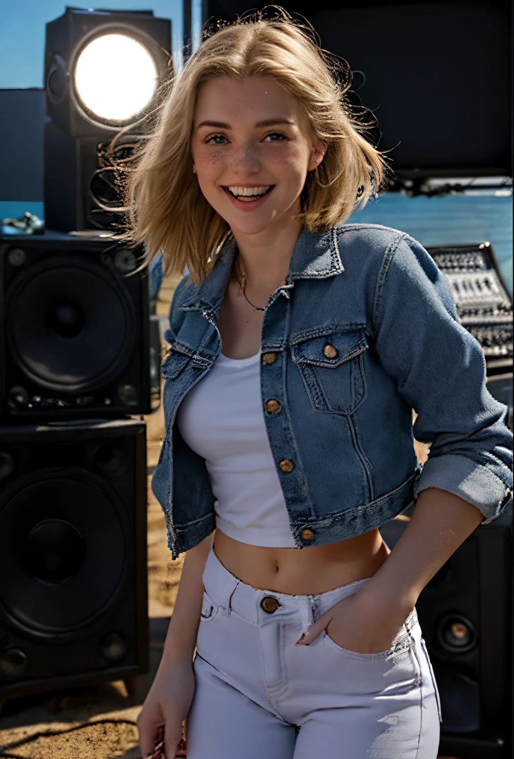 A 21-year-old girl named Kate with short blonde hair, very nice medium-sized breasts, and a height of 1.60 meters, has a white British style. Kate is beautiful, with an angelic face and light freckles around her nose. Kate is wearing light blue jeans with a light denim jacket and a plain white shirt underneath. Kate is wearing light-colored All Star sneakers. She is standing with a music recording studio in the background, equipped with a guitar, an electric guitar, a mixing console, and all the equipment typical of a recording studio. Kate is standing with a microphone near her mouth as if she is singing, posing for a photo for the marketing of her new song. Kate looks happy.