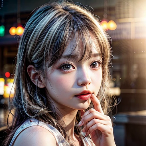 (highest quality,Super detailed,Physically Based Rendering:1.2), (RAW, Realistic, Photorealistic:1.37),Portraiture,Beautiful young woman with Delicate facial features,Soft lighting, ((Playfully licking finger with tongue, Gently placing a finger in the mouth)), (Close-up shot of sensual lips),Cheeks turn slightly red,A gentle and captivating gaze, cute BabyLike finger . Studio gray background, Light Particles, many blurred colorful Lights (dazzling bokeH) . BREAK . (((NOGIZAKA face variations))) Extremely Detailed very KAWAII face variations, elaborate detailed Eyes with (sparkling highlights:1.2), (Voluminous long eyelashes:0.9)、Glossy RED Lips with beautiful details, Coquettish tongue, Rosy cheeks, Radiant PearlSkin with clear transparency, (Natural:0.7) Detailed FlawlessSkin with glowing DowneyHair . { (Dynamic LifeLike expressions) | :d) }, (large eyes:-1) . mouth_hold