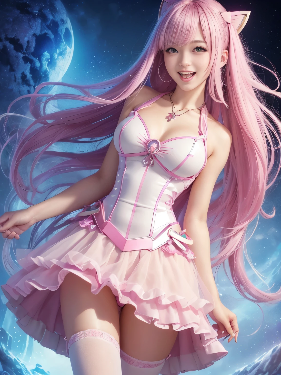 (highest quality, High resolution, masterpiece:1.2), Very detailed, Realistic:1.37, (Perfect Anatomy),1 girl,Cowboy Shot,Japan human model,22 year old female model,Very cute face,(Transform into a cute magical girl).bangs、Pink Hair、Beaver、Long Hair,Straight hair,Slim and beautiful body、Beautiful breasts、(Beautiful Eyes),(Laughter:1.5),Sexy pose ,(Tight futuristic pink magical girl dress:1.2) , Magic Necklace,