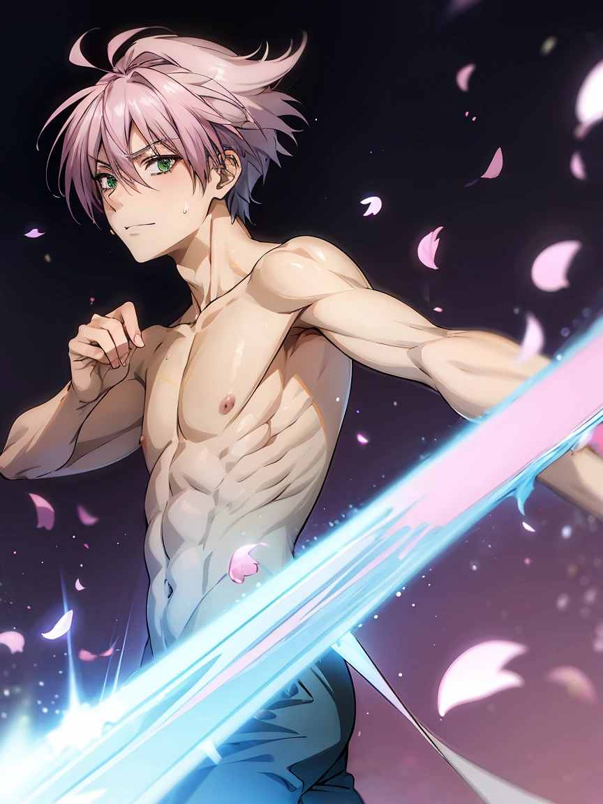 masou shoujo, ayumu aikawa, (masterpiece, Best Quality), ,1boy, male, man, , perfect face, angry，finely detaild face, slim, skinny build, light skin,, touching his lips, , facing forward, short hair, grey hair, green eyes, eyes, bangs, ((clear skin)), smile, , male focus, muscular male, solo, alone, sweating, adorable, pink dress, pink beret, vivid colour, moon, fireflies, blossoms, spring, pink flowers,masou shoujo, chainsaw