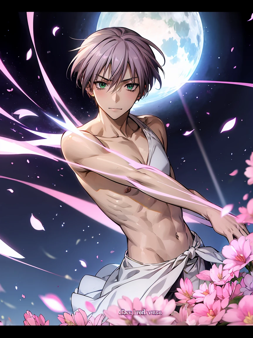 masou shoujo, ayumu aikawa, (masterpiece, Best Quality), ,1boy, male, man, , perfect face, angry，finely detaild face, slim, skinny build, light skin,, touching his lips, , facing forward, short hair, grey hair, green eyes, eyes, bangs, ((clear skin)), smile, , male focus, muscular male, solo, alone, sweating, adorable, pink dress, pink beret, vivid colour, moon, fireflies, blossoms, spring, pink flowers,masou shoujo, chainsaw