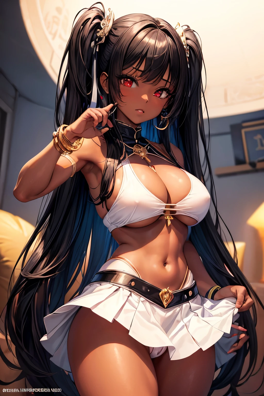 (Masterpiece), best quality, expressive eyes, perfect face, dark skin, (underboob), (), (white thong), (mini skirt), beauty marks, (white crop top), black skirt, long hair, (red eyes), looking at phone, (gyaru:1.2), lollipop, (slutty attire), (round breastsble butt), (wide h1.1), (slim waist:1.1), (thick thighs:1.1), (detailed face and eyes:1.2), (detailed hand and finger:1.2), (medium breasts:1.2), (buseep cleavage:1.labia outline:ard teat:1.3).