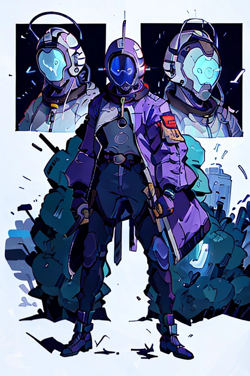 A man with a futuristic helmet with silver details and based on an astronaut helmet. He has an awesome purple jacket and two futuristic machetes with blue electricity around them. His helmet is rounded and mostly black.
