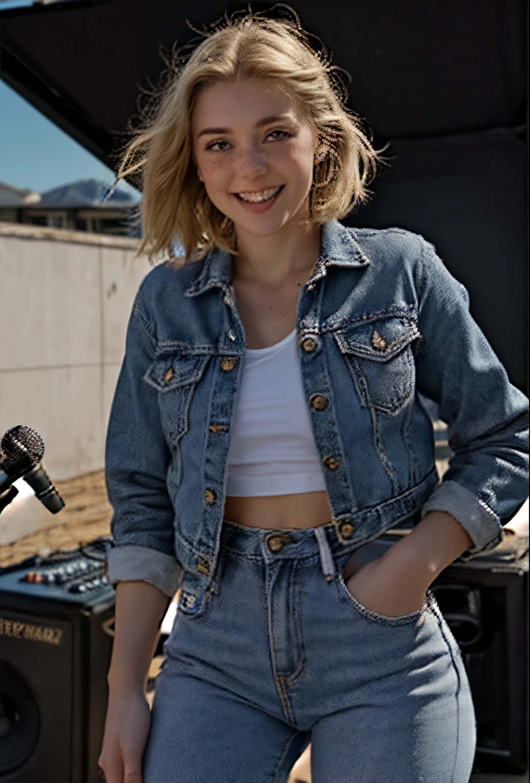A 21-year-old girl named Kate with short blonde hair, very nice medium-sized breasts, and a height of 1.60 meters, has a white British style. Kate is beautiful, with an angelic face and light freckles around her nose. Kate is wearing light blue jeans with a light denim jacket and a plain white shirt underneath. Kate is wearing light-colored All Star sneakers. She is standing with a music recording studio in the background, equipped with a guitar, an electric guitar, a mixing console, and all the equipment typical of a recording studio. Kate is standing with a microphone near her mouth as if she is singing, posing for a photo for the marketing of her new song. Kate looks happy.