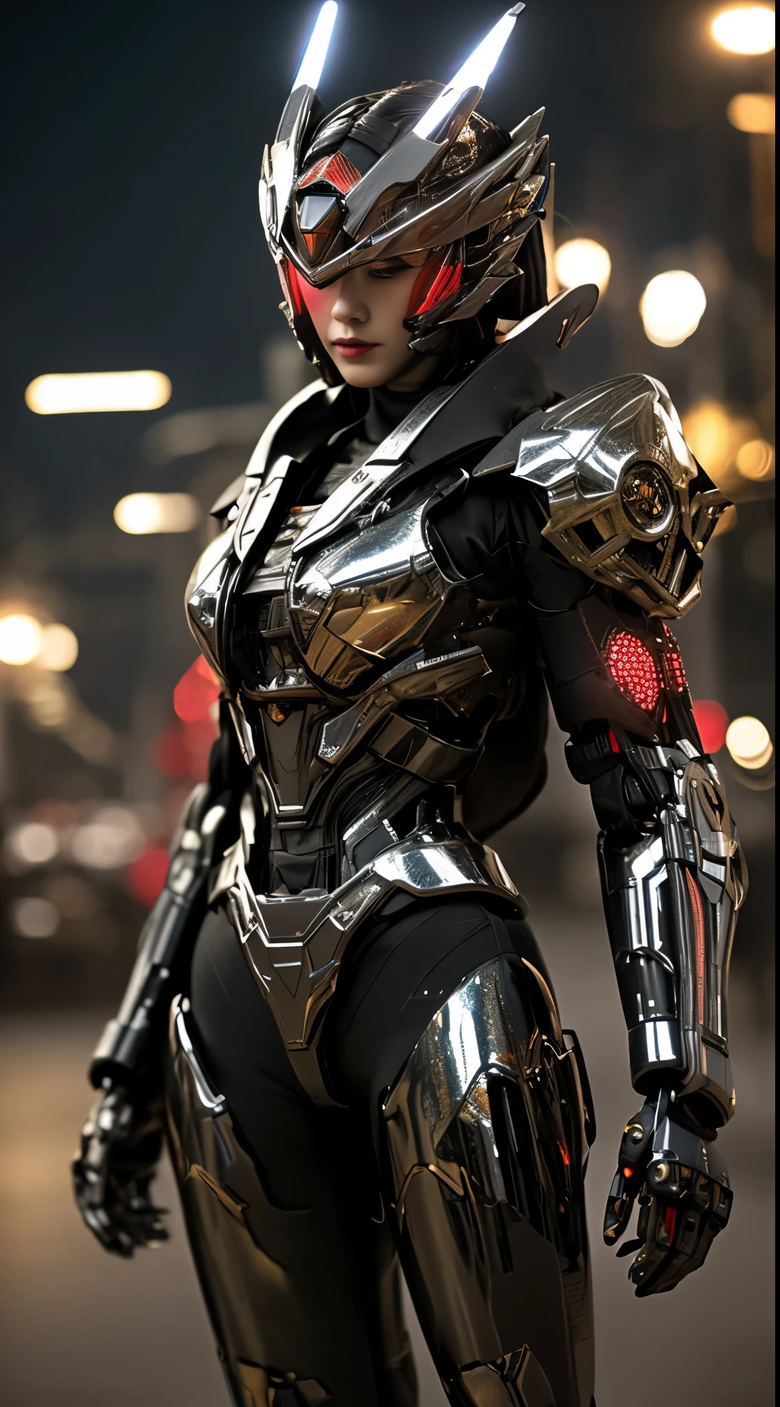 (Realistic: 1.2), masutepiece, Best Quality, ultra-detailliert, very detailed illustration, Very detailed, intricate detailes, High resolution, Super Intricate Details, extremely detailed 8k CG wallpaper, (neons: 1.2),1girl in, (Full metal body,Fiber optic body: 1.2), (Realistic metallic glow), cowboy lens, Caustics, Reflectors, Ray tracing, Devil theme, Silver and red body,Red body,Kamen Rider,Gundam,nebulas, Dark halo, Network Effects, (1 girl: 1.4), Solo, Mechawood Sumui, Mechanical parts, Robot joints, Single robot arm, Head dress, Mechanical halo, Star Halo, Complex mechanical tights, mecha corset, Kimono, fully armoured, ((Holding a large gun in your hand)),Red Eyes, Glowing eyes, Eye Track, Random expressions, Random movement, ancient japanese architecture, Ponds, Starry sky, sky line, (( Colossal tits:1.7 , low cut,Accentuated cleavage,perfectly proportions,Sensual female body,Overhanging udder)),City,nighttime scene,natta,glowing sword in hand、With a big gun,cloaks