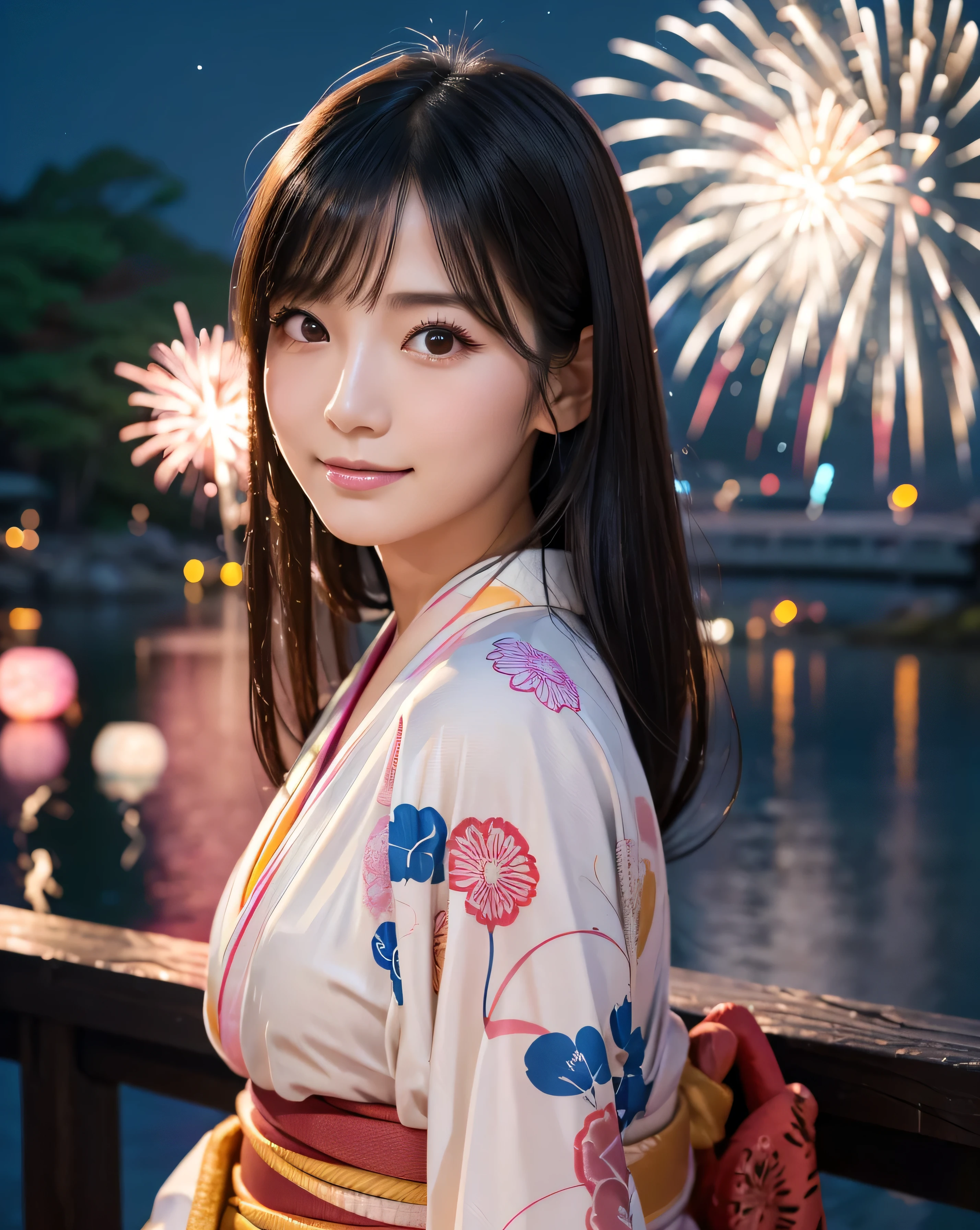 (highest quality, 32k, High resolution, masterpiece:1.5, ), marimo_jet, Transparent air, Beautiful Japanese Girls, An exceptionally beautiful face, Small Face Beauty, Perfect Human Anatomy, Magical big eyes, Motherhood and generosity, Deep Love, fleeting smile, ((Shiny black hair:1.1)), ((Beautiful twin bondage)), Asymmetrical bangs, Hair between the eyes, Transparent, soft white skin, Sharp eyebrows, Thin lashes, Natural Makeup, Cheek highlighter, Pale pink detailed lips, (Red kimono:1.0), ((traditional Japanese Yukata)), ((Colorful fireworks lighting up the night sky:1.3)), Beautiful Japanese Garden, Detailed night sky, Professional Lighting, Professional Photographer, Professional Model, Mysterious