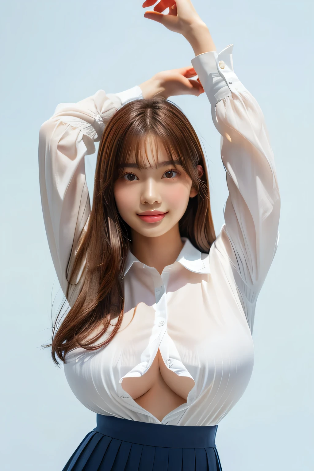 (highest quality、Tabletop、8k、Best image quality、Award-winning works)、One cute high school girl、(White polyester collared shirt:1.1)、(Navy Pleated Skirt:1.1)、Girl portrait photography、Glowing Skin、Brown Hair、Are standing、Gravure pose、(The simplest pure white background:1.1)、(Large Breasts:1.8)、Accentuate your body lines:1.1)