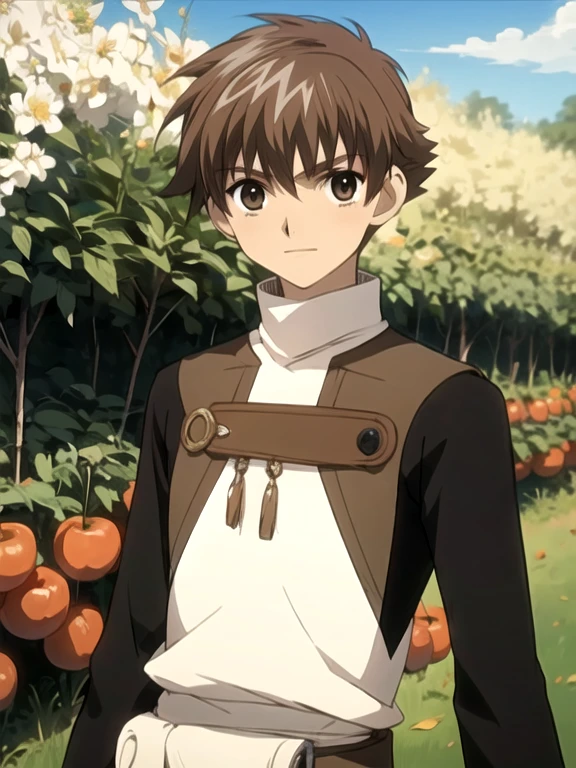 masterpiece, best quality, sketch, 1boy, solo, male focus, looking at viewer, , , anime coloring, realistic, syaoran_tsubasa_chronicle, brown hair, brown eyes, turtleneck, , orchard, 8k resolution