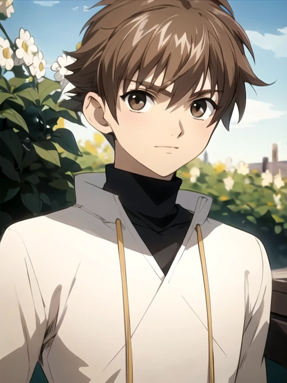 masterpiece, best quality, sketch, 1boy, solo, male focus, looking at viewer, , , anime coloring, realistic, syaoran_tsubasa_chronicle, brown hair, brown eyes, turtleneck, , orchard, 8k resolution