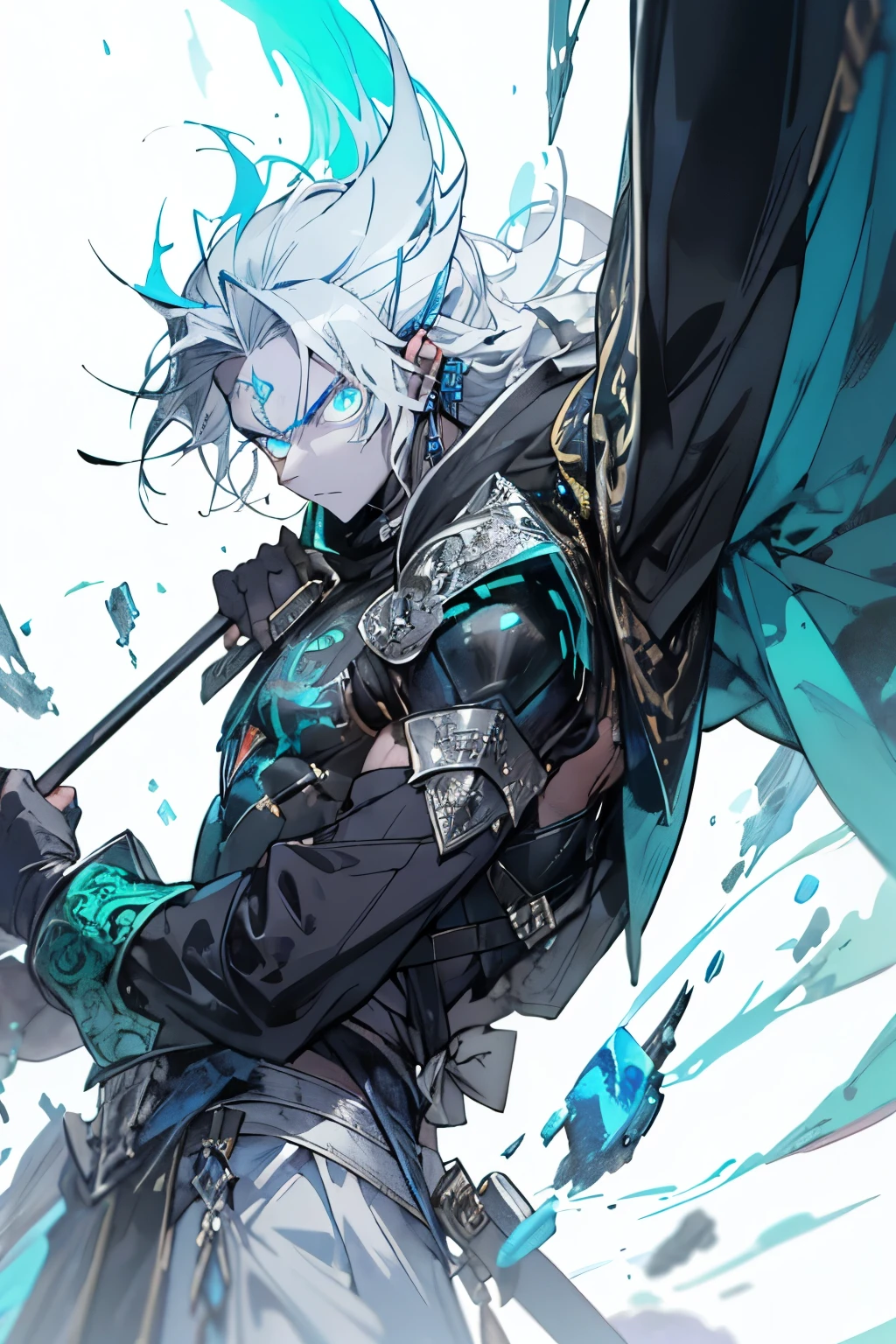 an anime man 1.80 tall (long silver hair) with (eyes with green pupils) with (a scar on his forehead in x) and (body tattoo with a blue color but the most striking is one that resembles a dragon on his back)
clothes (he wears a torn cloak and a jointed chest and shoulder pads made of old plates with a symbol of two dragons)
his weapon (it is a bow made of black steel with blue runes that attach to a blue stone in the middle of the bow)