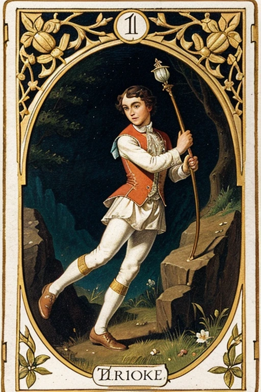 Create an 18th-century English style tarot card of The Fool. Depict a young man in colorful, vibrant clothing, stepping off a cliff with a carefree expression. He holds a white rose in one hand and a staff with a small sack in the other. A small dog jumps playfully at his feet. Use bright and clear colors to convey innocence and new beginnings
