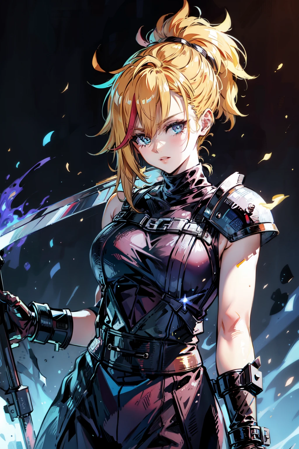 (masterpiece, best quality:1.2), Blue glowing eyes, perfect face, highres, 1 girl, solo, ultra long ponytail, (female:1.5), strife, blonde hair, shoulder armor, sleeveless turtleneck, suspenders, belt, gloves, bracer, evil smile, standing, portrait, looking at viewer, giant sword on the back