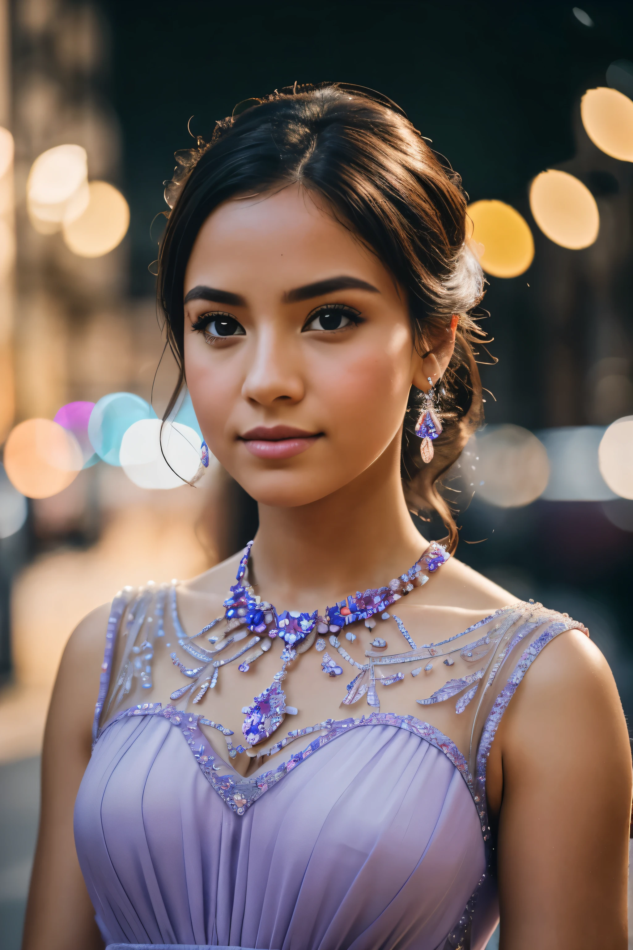 A professional, raw photo taken with a DSLR camera, specifically a Fujifilm XT3, in 8k uhd resolution. The image captures a close up, low angle shot of a beautiful girl wearing a faceted, transparent lavender color dress adorned with crystals. Her face is in focus, looking out of the frame, as the dress fabrics catch the soft lighting, creating intricate bokeh effects. The photo exhibits a cinematic feel with a film grain texture and a high level of detail, bringing out the colorfulness and vibrancy of the crystals. The shooting settings were an 18mm f/11 photograph, making for a highly detailed and professional