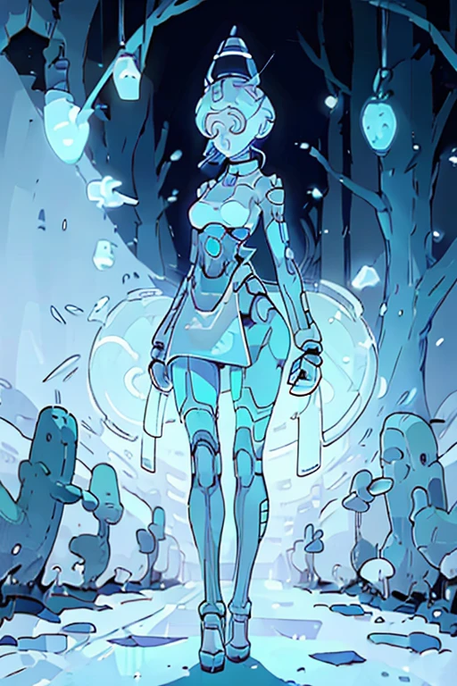 Bald, tall, muscular back Big female droid whose body it's just a basic body in white color, cone ears a half of a light blue aura over her head andface in completely blank without eyes, mouth and nose in the middle of a futuristic white street full of tubes