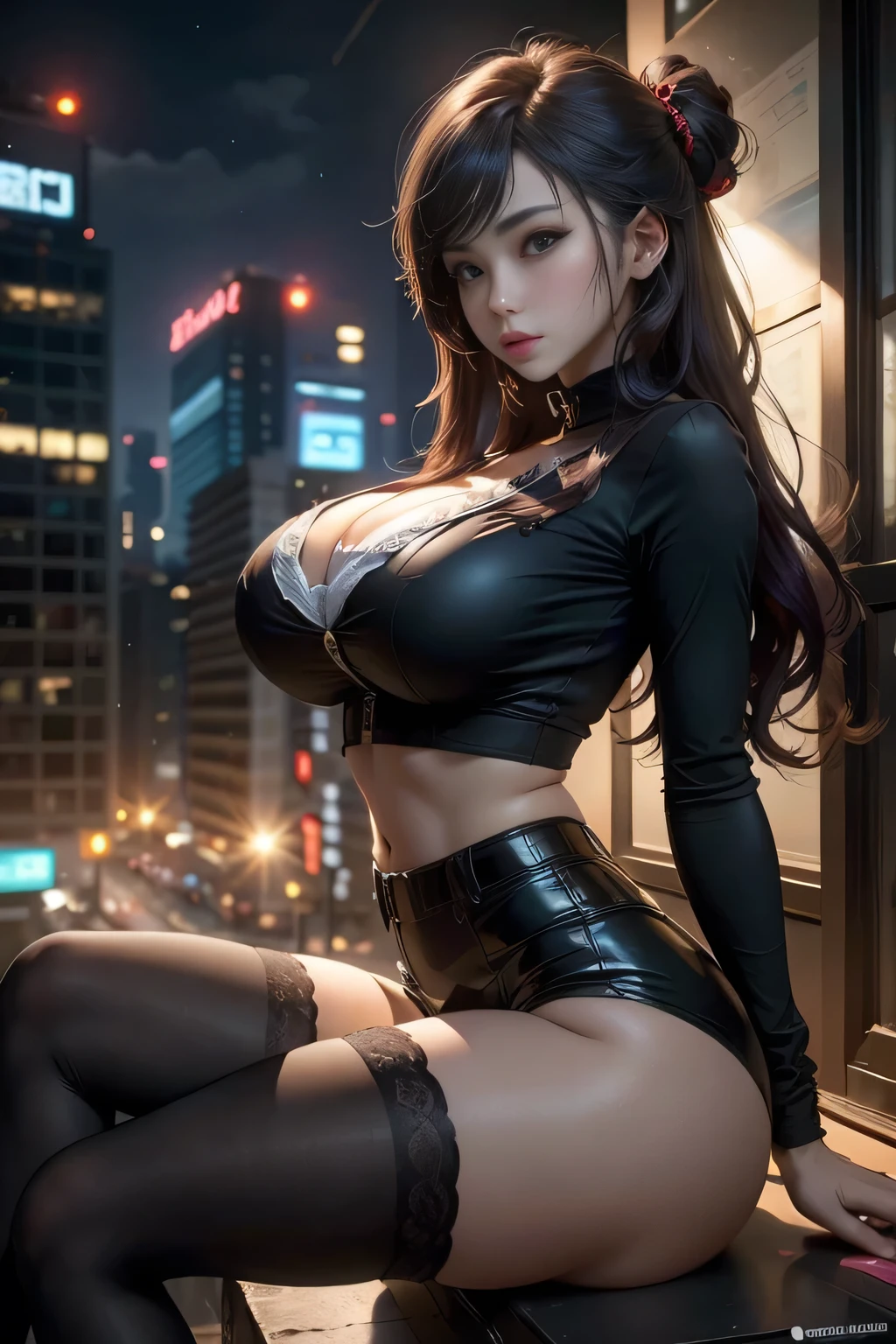 sfw,  girl sitting city wolf on background, on top of a building on night, style of 4 K, 4K  wallpaper,  epic artwork, Anime Cloud,  wallpaper 4 k,  wallpaper 4K, Anime Sky,  art wallpaper 4k,  art wallpaper 4k, hd  wallaper, Guweiz in Pixiv ArtStation，blackstockings, wearing bra,((skinny waist)), young asian girl, ((big breasted)),