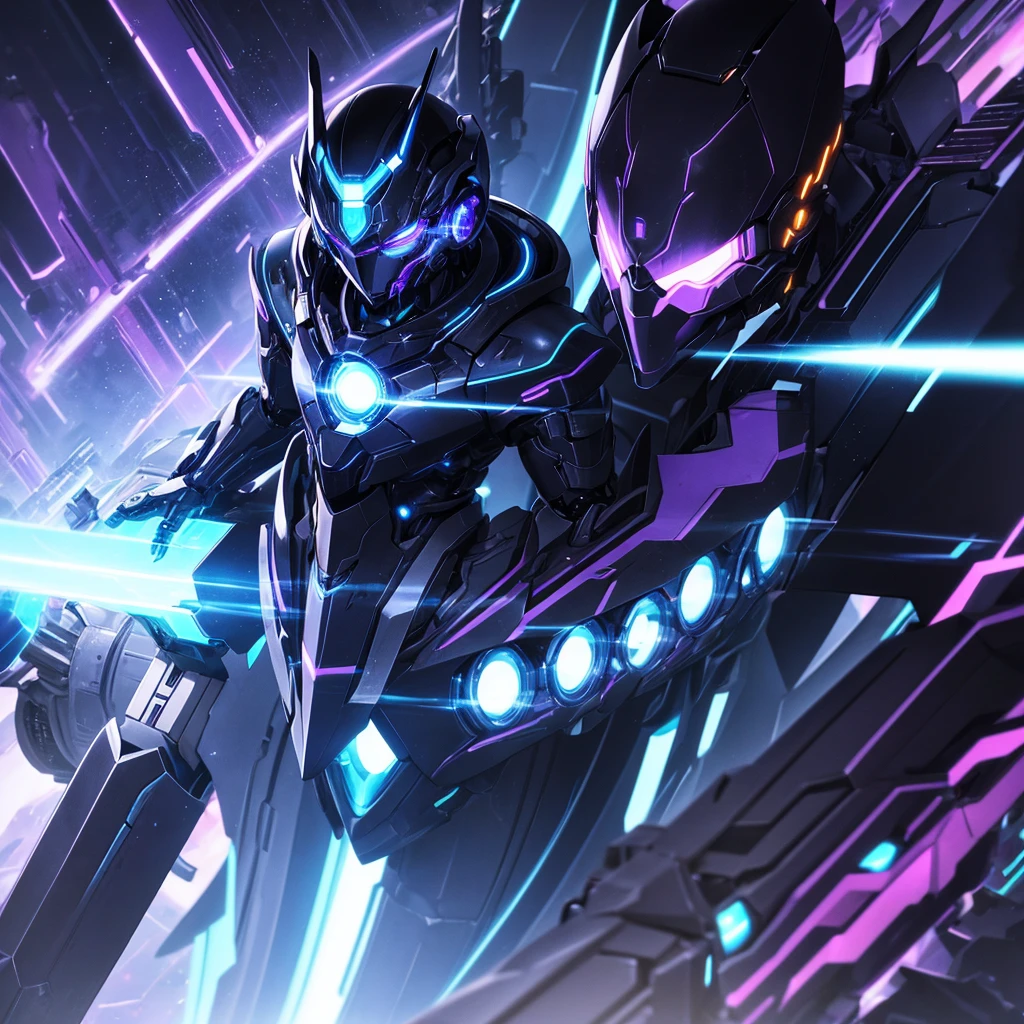 Imagine an anime girl with robotic and futuristic features. He has dark hair and eyes that glow with intense purple light.. He wears black and metallic armor . El fondo es oscuro, illuminated by blue and white neon lights, and there are complex mechanical structures that indicate an industrial or cyber environment.
