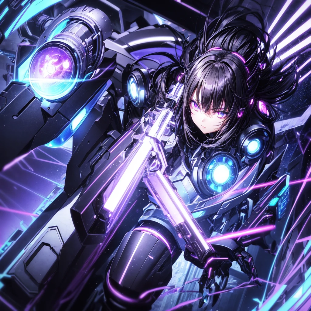 Imagine an anime girl with robotic and futuristic features. He has dark hair and eyes that glow with intense purple light.. He wears black and metallic armor . El fondo es oscuro, illuminated by blue and white neon lights, and there are complex mechanical structures that indicate an industrial or cyber environment.