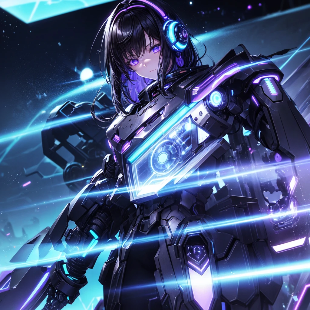 Imagine an anime girl with robotic and futuristic features. He has dark hair and eyes that glow with intense purple light.. He wears black and metallic armor . El fondo es oscuro, illuminated by blue and white neon lights, and there are complex mechanical structures that indicate an industrial or cyber environment.