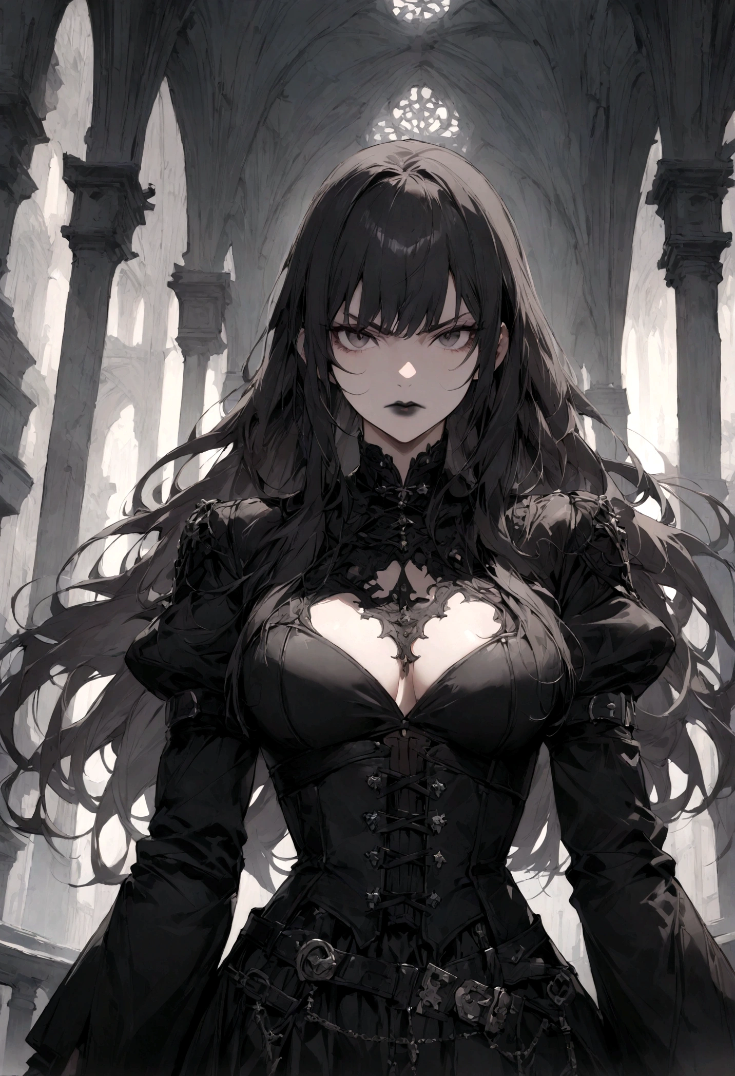 ((Best Quality)), ((Masterpiece)), (Highly detailed:1.3),a woman long hair, Bangs, leather corset, black lipstick gloves grotes, gothic scenery, serious look