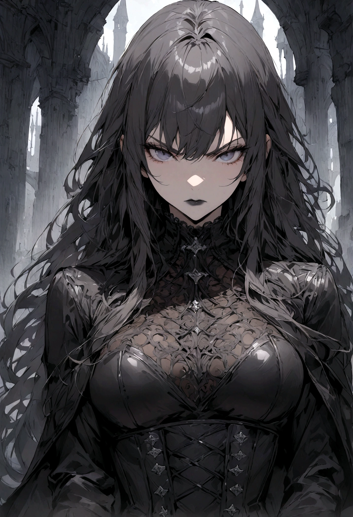 ((Best Quality)), ((Masterpiece)), (Highly detailed:1.3),a woman long hair, Bangs, leather corset, black lipstick gloves grotes, gothic scenery, serious look