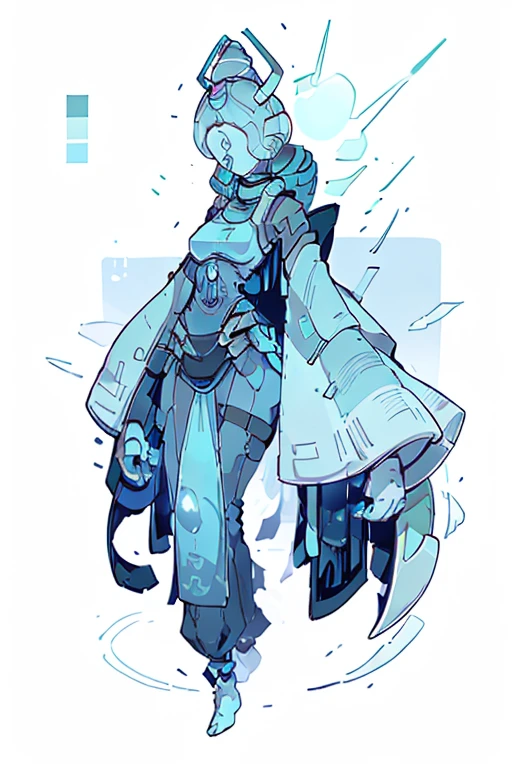 Bald, tall, muscular back Big female droid whose body it's just a basic body in white color, cone ears a half of a light blue aura over her head andface in completely blank without eyes, mouth and nose.